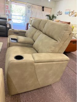 Greymel fabric loveseat with two power reclining and one console