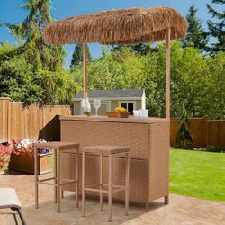 3 Pcs Outdoor Tiki Bar Set w/2 Height Stools, Storage Shelf, Canopy, Beige Stylish Outdoor Bar Set】 Homrest Outdoor Tiki Bar Set features a raffia-s
