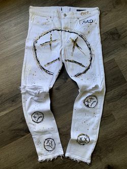 PACSUN White Distressed Denim Jeans with Paint Art