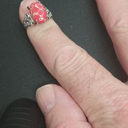 Silver Tone Ring With Reddish/Pink Simulated Stone 