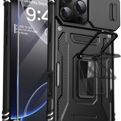 for iPhone 16 Pro Max Case,Built-in Slide Camera Cover & Screen Protector & Rotated Ring Kickstand,Military Grade Shockproof Protective Phone Case for