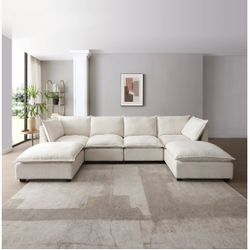 130 Inch  Sectional Sofa, Linen Fabric Couch Set With Convertible Ottoman,U Shaped Sofa,comfortable,Freely Combinable Sofa For Living Room, Apa