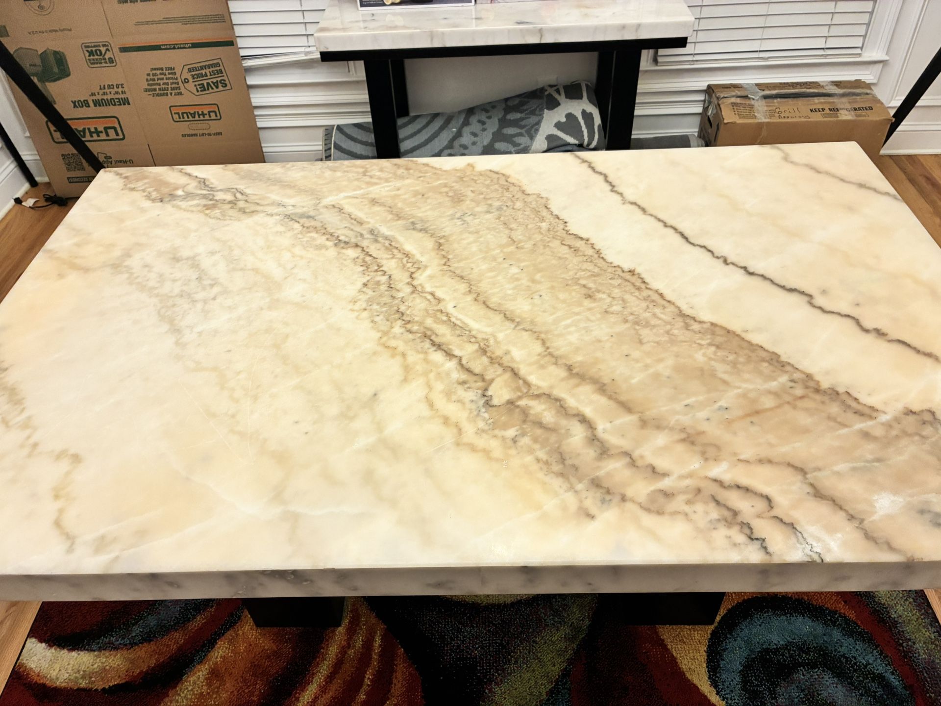 2 Pc White Marble Dining Table & White Marble Sofa Table