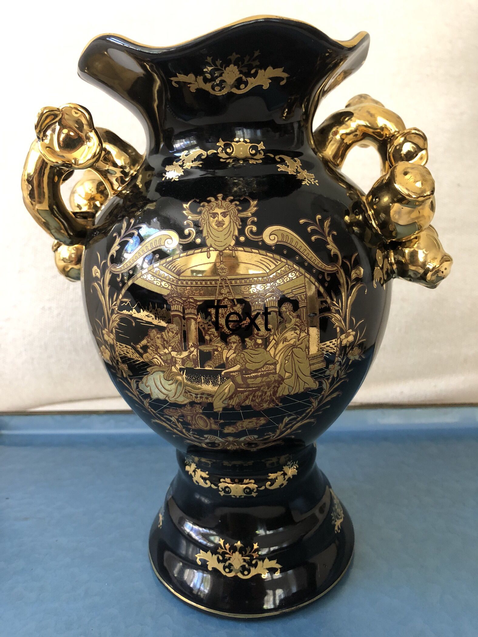 Vintage L.F Fine Porcelain P.R.C. Black Gold Figural Design Pot