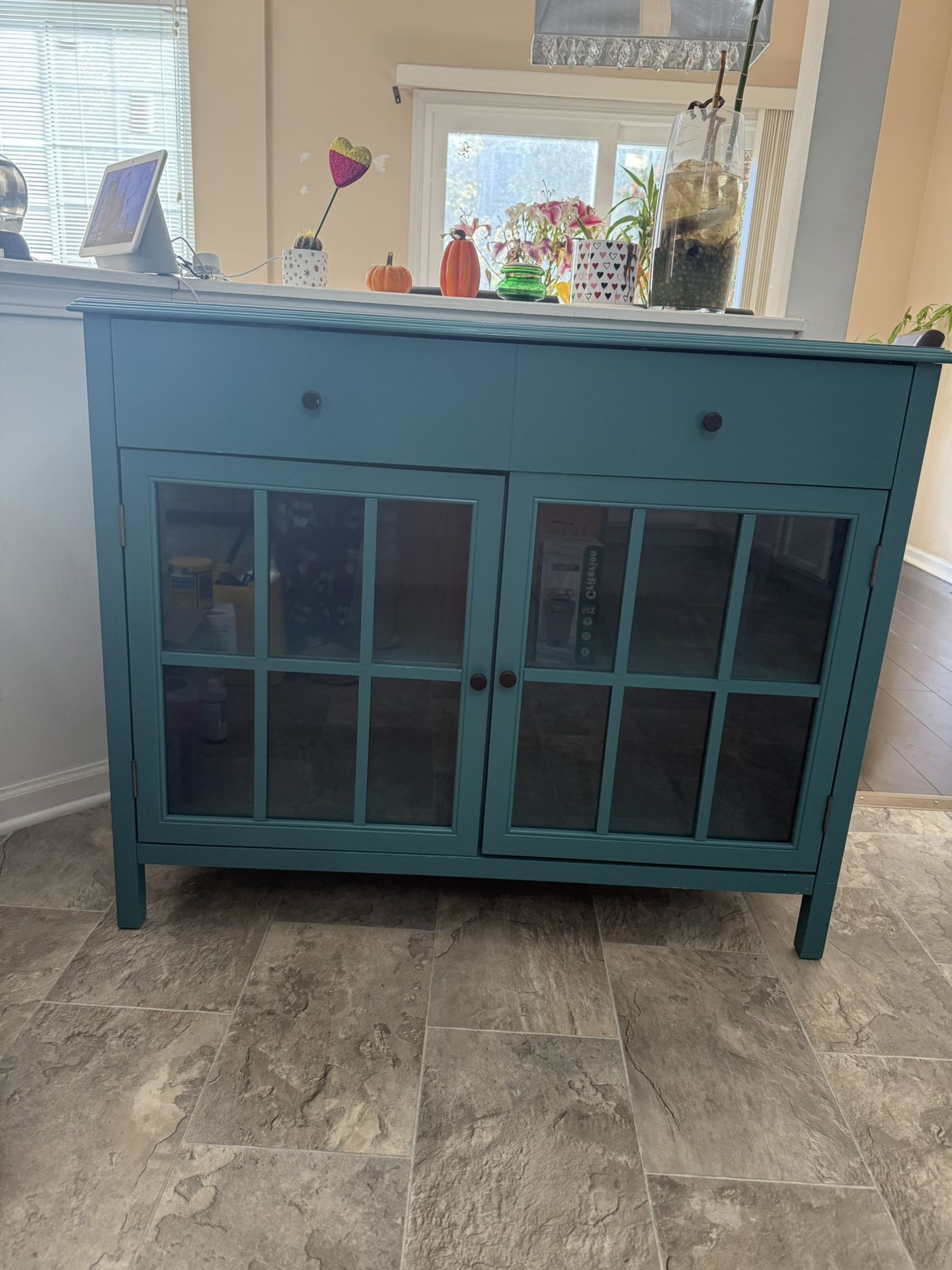 Teal Cabinet/buffet Table with Glass Doors