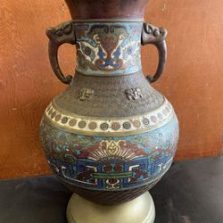 Antique Double Handle Bronze/Brass Cloisonné Clampleve Asian Urn 