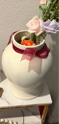 White Textured Ceramic Vase with Ribbon