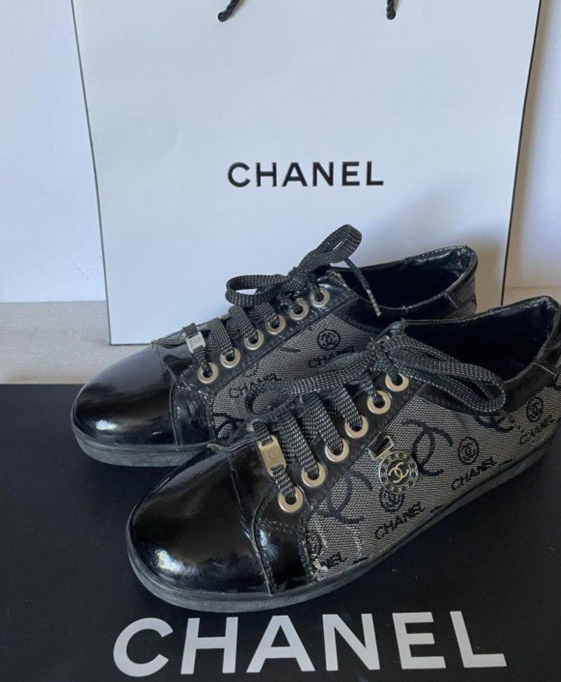 Chanel CC Logo Black Silver Sneakers Shoes