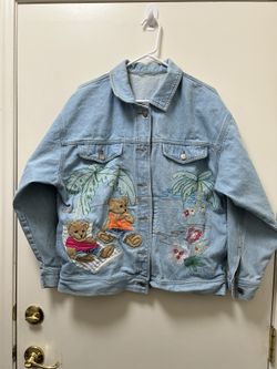 Vtg 80’s Denim Jean Jacket Embroidery Grandma Nerdy Geeky Chic Bears 100% Cotton