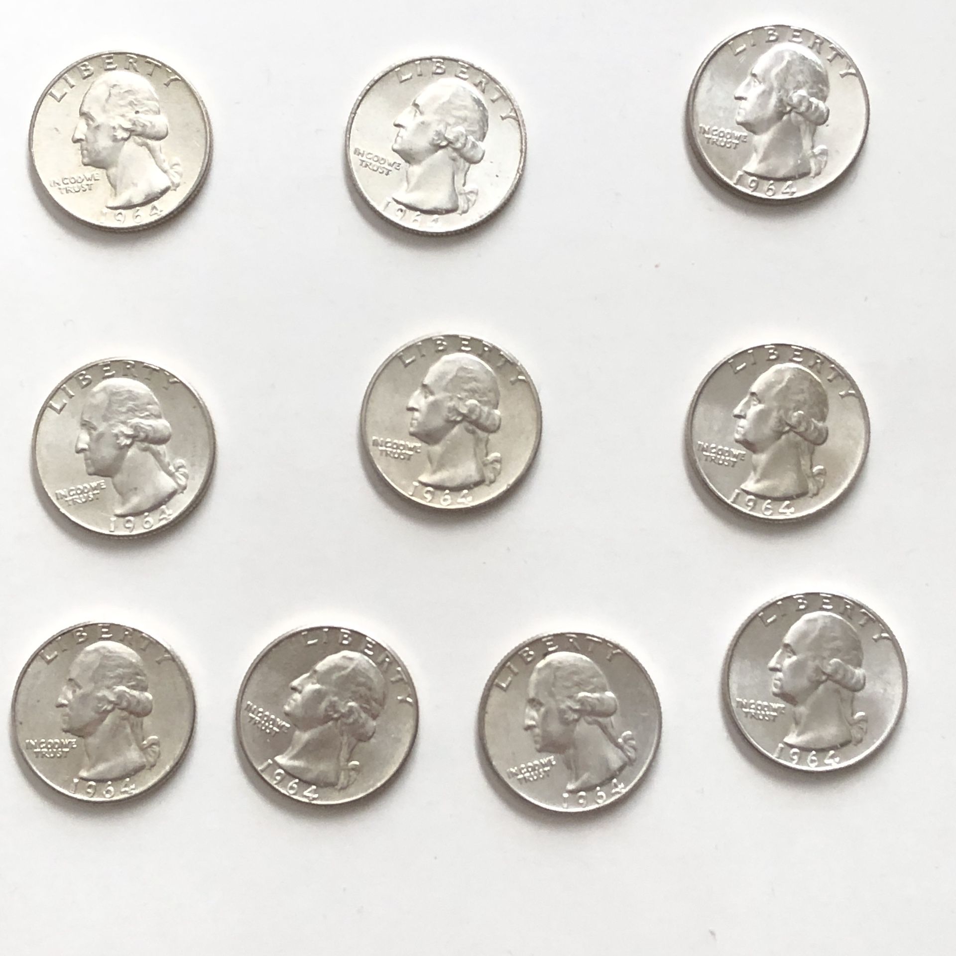 Ten 1964 Silver Washington Quarters in Excellent Condition