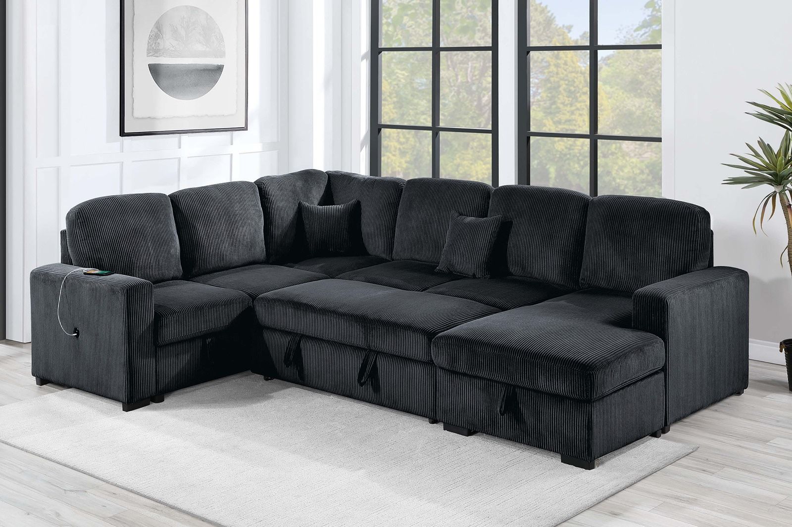 New! 120”L Black Sectional Sofa Bed,Sectionals, Sofa, Couch, Corduroy Sectional Sofa With Storage, Sleeper Sofa. Sofabed, Sofa Bed,U Shaped Sectionals