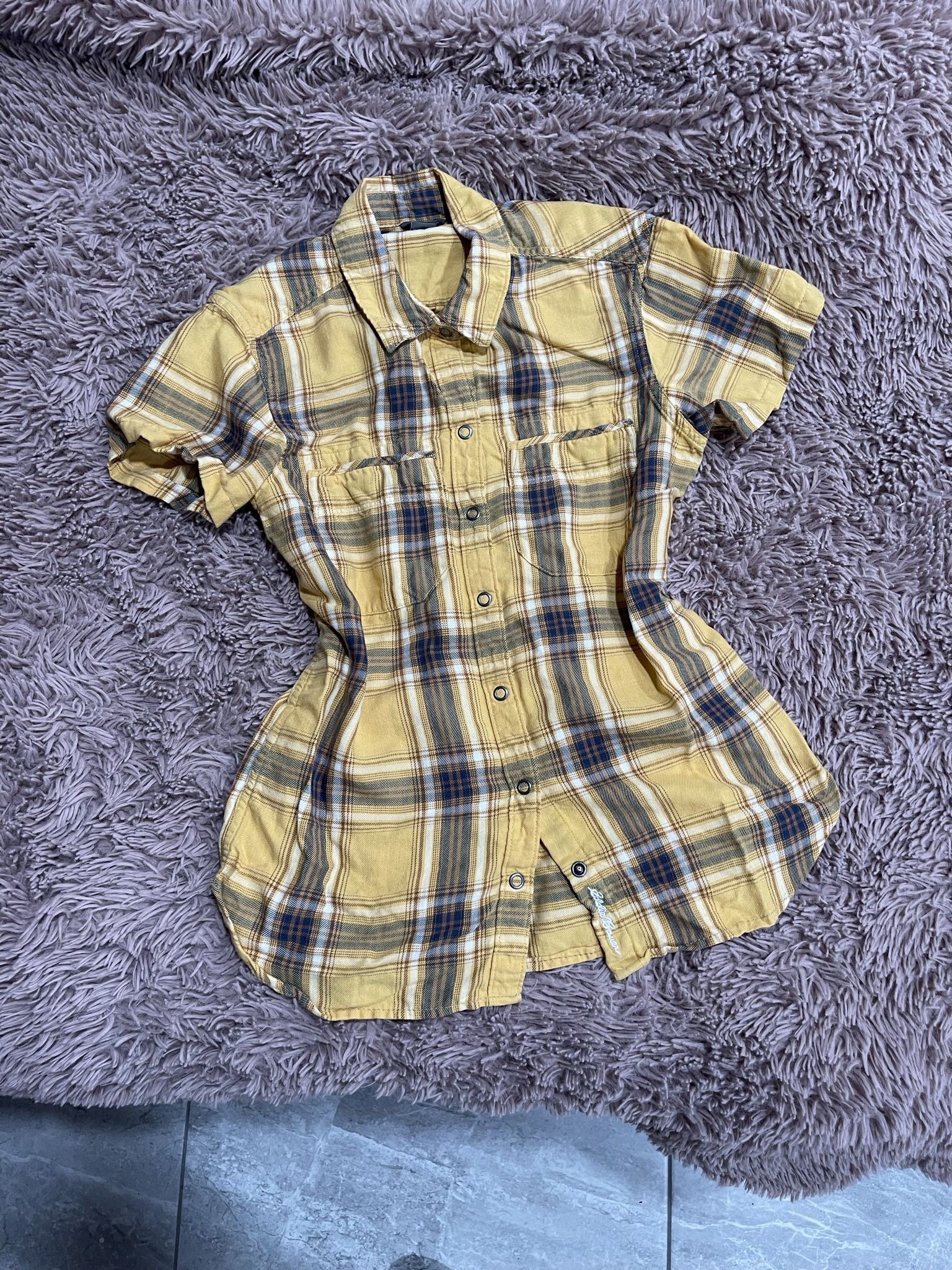 Eddie Bauer Women Yellow Plaid Short Sleeve Shirt 