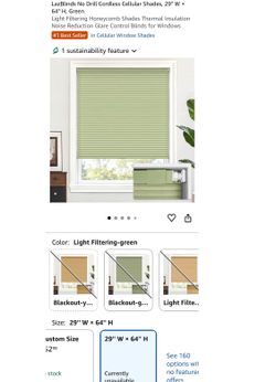 29" W × 64" H, Green, No Drill Cordless Cellular Shades (wb18)