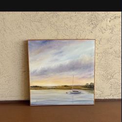 One Original Painting Landscape Boat Bay Ocean with Wood Frame