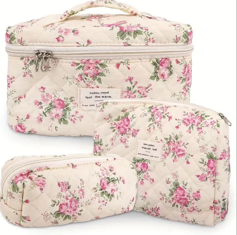 Set of 3 - Travel Makeup Toiletry Bags Rose Design - NWT