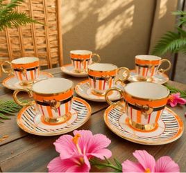 6pcs Orange Rim Ceramic Coffee Cup & Saucer Set, 90ml/3.04oz Suitable/ Espresso