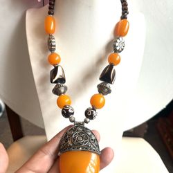 Vintage Tibetan style handmade necklace with Amber resin and Tibetan silver