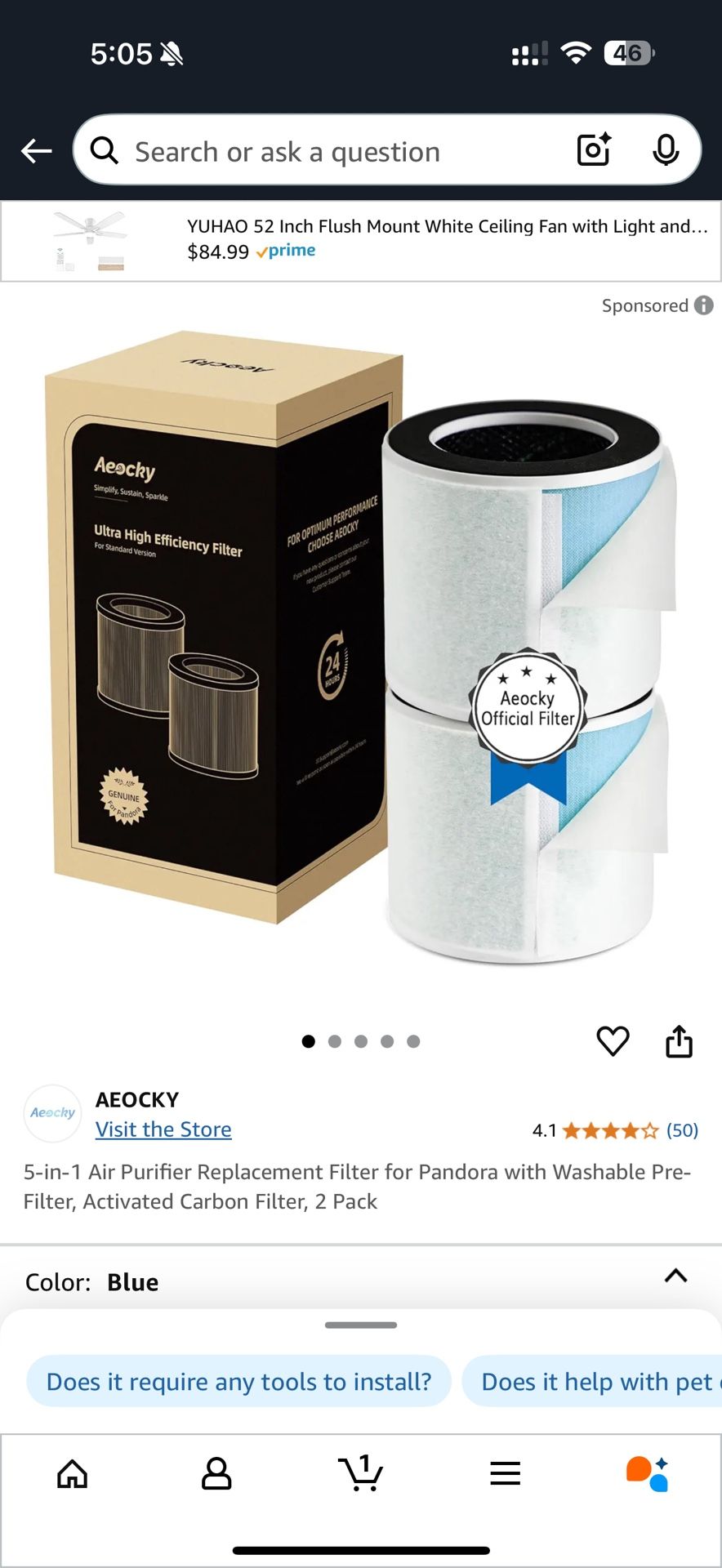 New 2-Pack 5-in-1 Air Purifier Replacement Filter for Pandora with Washable Pre-Filter, Activated Carbon Filter