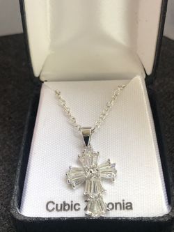 Cubic Zirconia Medium Cross Pendant Necklace on a .925 silver necklace