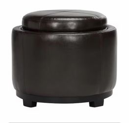 Like New! Safavieh Chelsea Brown Leather Casual Round Storage Ottoman Tray Top
