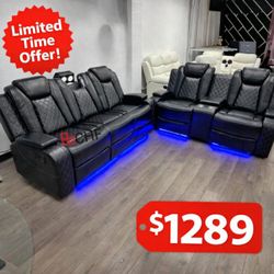 Black Modern 2 Piece Reclining Sofa And Loveseat With LED Light 