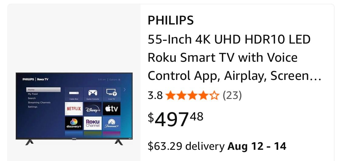 Nearly New 55” Philips Roku TV $100. 00