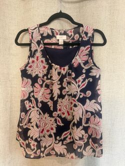 LOFT Paisley Tank Top Women XS Navy Blue Pink Floral Chiffon Blouse Split Back