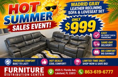 Limited time sale. Madrid, grey leather reclining sofa and loveseat set only $999. Easy finance option. Same-day delivery.