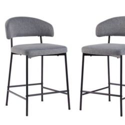 Modern 24 in Charcoal Low Back Metal Counter Stool Chenille Seat, Set of 2