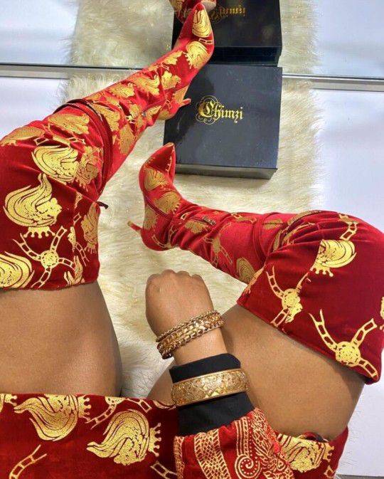 Brand NEW Red Velvet Gold Lion Thigh High Boots