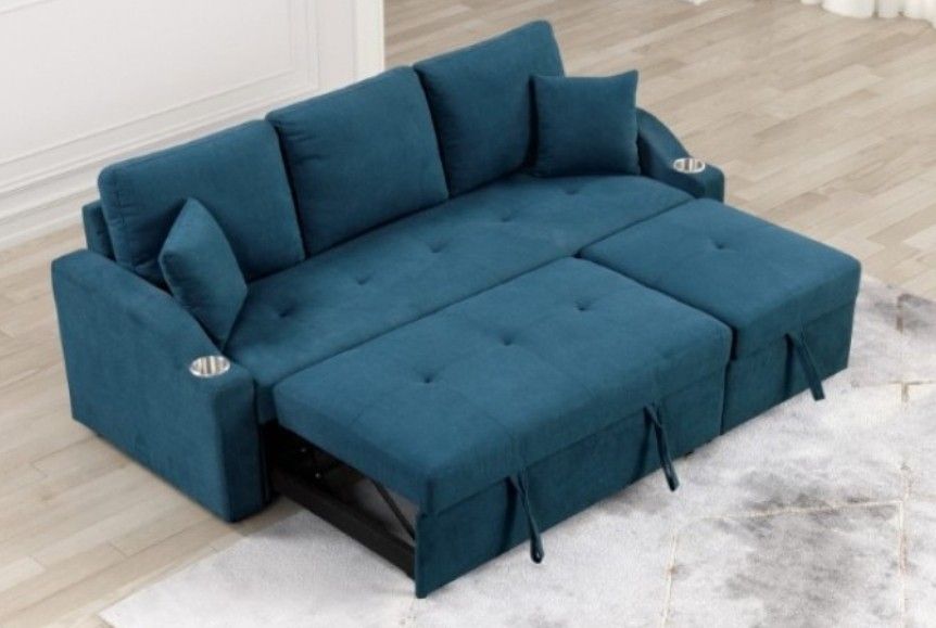 2pcs Sectional Sofa w/pullout chaise,cupholders & pulloutbed