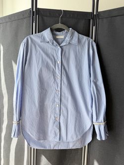 Sandro Bleus Striped Rhinestone-embellished Cotton Shirt