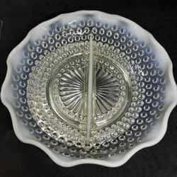 VTG  Fenton Opalescent Moonstone Ruffled Edge Hobnail Divided Serving dish 7.5”