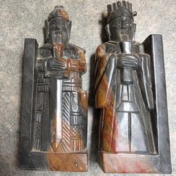 Hand Carved Granite Asian Scholar Soldier Figures Bookends 11” Tall 