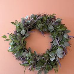Large 23” Full Faux Sage, Lamb’s Ear & Lavender Wreath – Neutral Farmhouse Decor