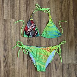ED HARDY Vintage Y2K Rare Neon Green Bedazzled Dishonor Edgy String Bikini Set