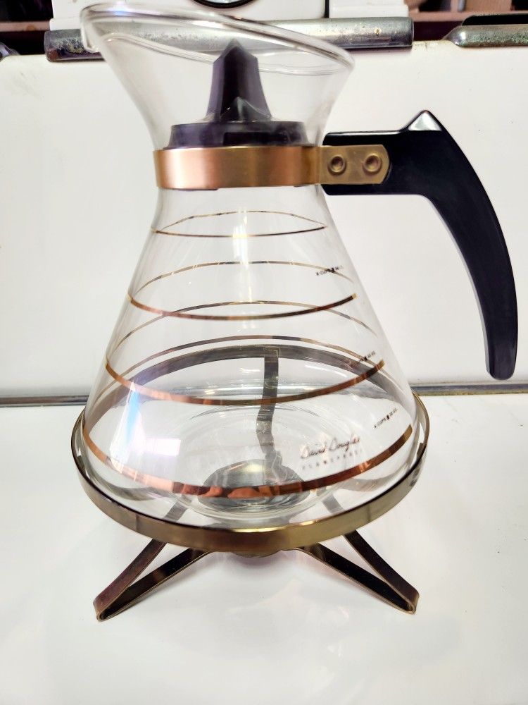 Vintage MCM David Douglas Flameproof Brass Coffee Pot Glass with Brass stand and Candle