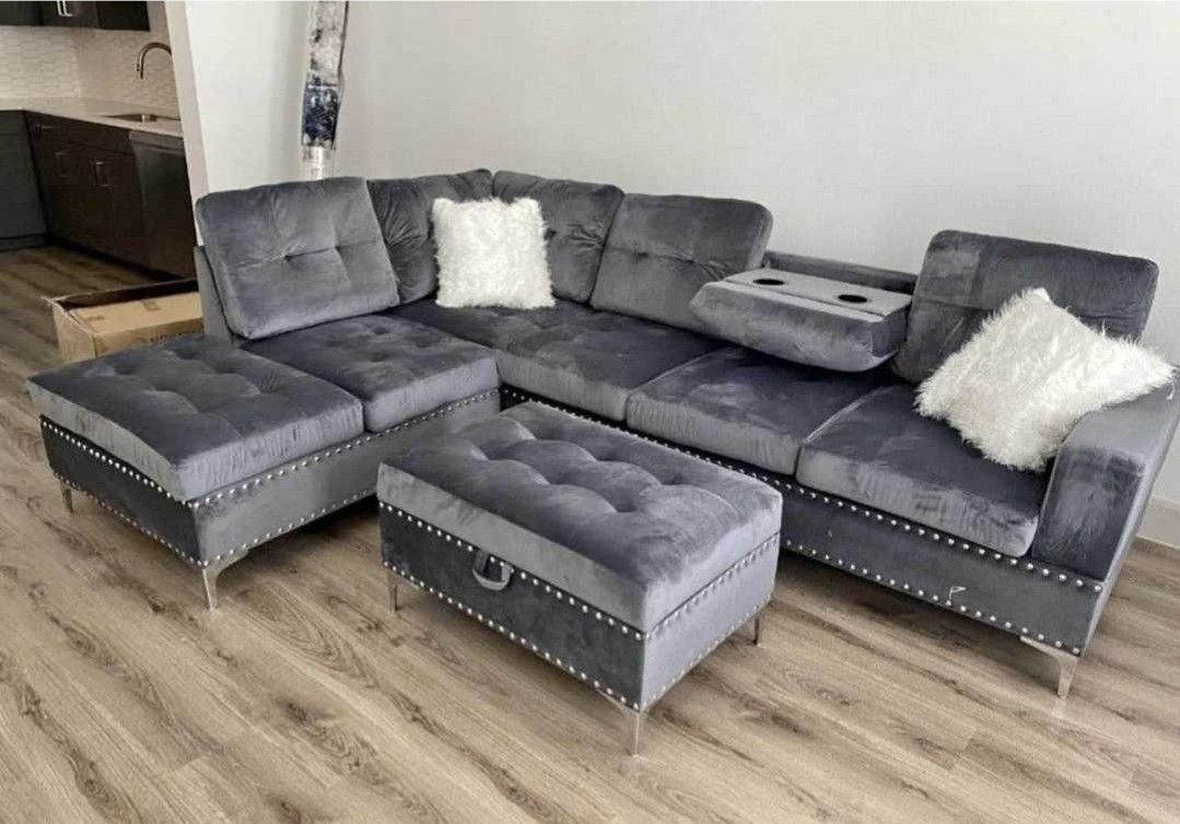 Brand New Grey Velvet Sectional With Storage Ottoman 