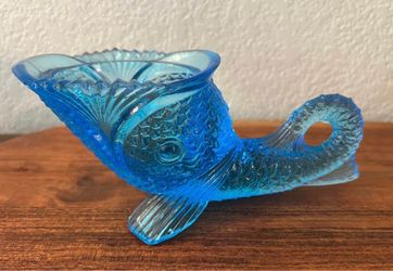Vintage Mid-Century Kemple Glassworks Aqua Blue Fish Dish - No Lid or Spoon