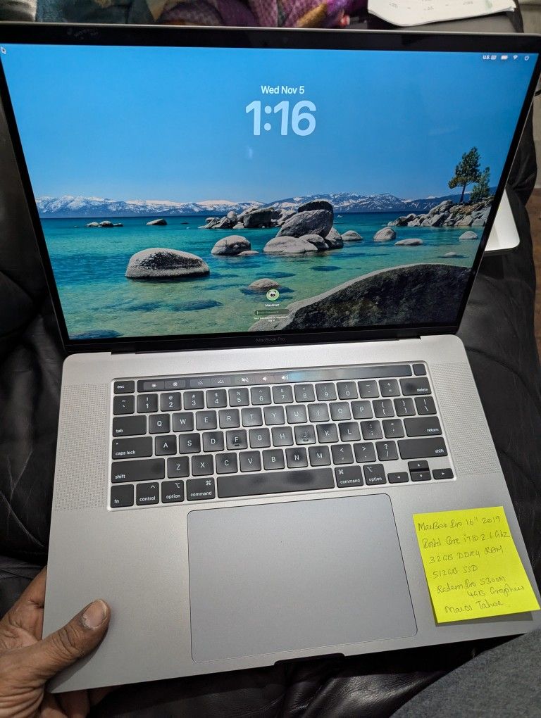 MacBook Pro 2019 16" Intel 6 Core , 32GB Ram 512GB SSD Radeon Pro 5300M 4GB macOS Tahoe . Comes with a lifetime Microsoft Office Package whic