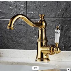 Karon Classic Mono White Single Porcelain Lever Victorian Style Bathroom Basin Mixer Tap In Gold