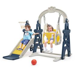 Slide & Swing Set, Blue / yellow slide with basket ball hoop indoor or outdoor use , NEW