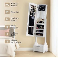 White Mirror Jewelry Cabinet Standing, Large Storage Jewelry Armoire, Full-Length Frameless Mirror w