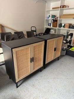 Matching Pair of Rattan Cane Accent Cabinets / Sideboards – Black & Natural Wood