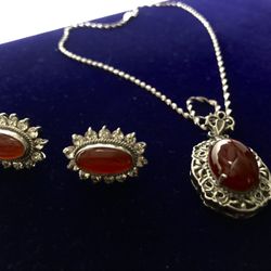 Brown Agate Sterling Silver Necklace And Earrings Set