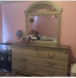 Beige and Gold dresser with mirror
