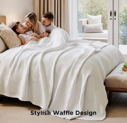 Cooling Cotton Waffle Full Size Blanket, 80x90 Inches (Color: Ivory)