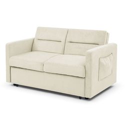 Loveseats Sofa Bed with Pull-out Bed,Adjsutable Back and Two Arm Pocket,Beige (54.5x33x31.5)