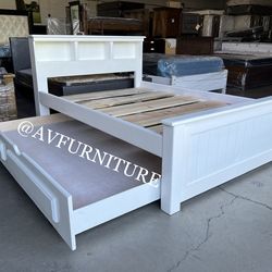 Solid Wood Full Bed w Twin Trundle Frame
