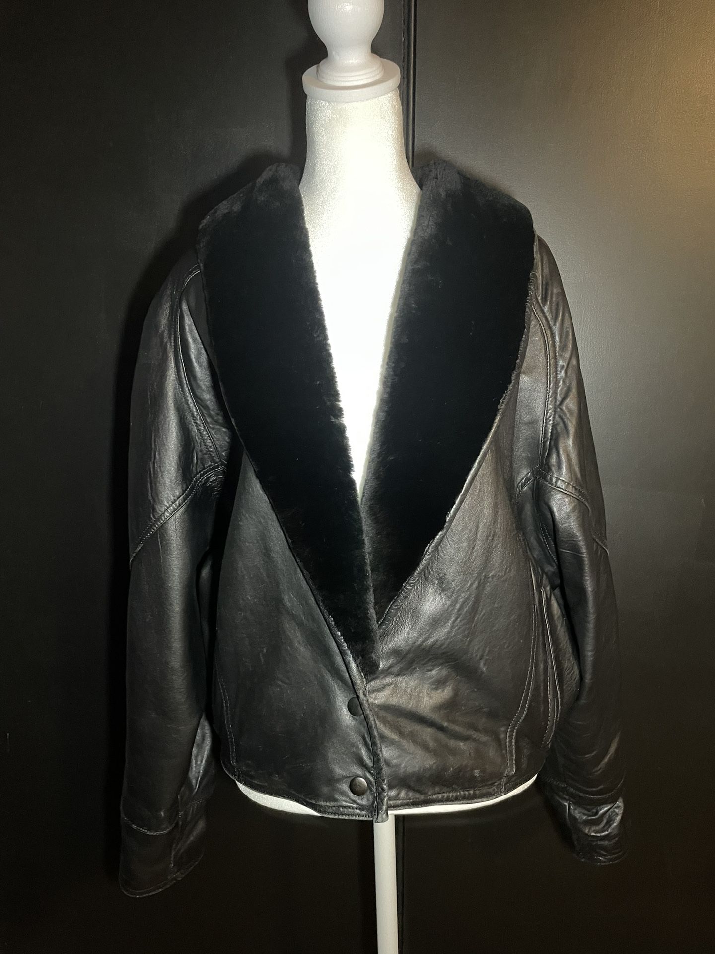 Vtg John Carlisle San Francisco Black Leather Jacket Shearling Collar 80s 90s M.